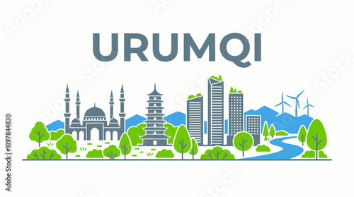 Urumqi city skyline with traditional and modern landmarks vector illustration