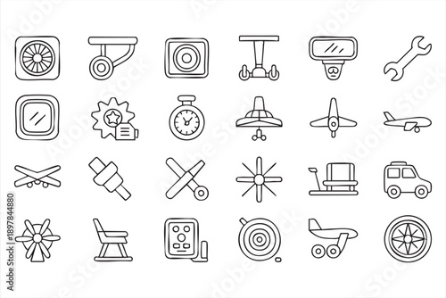 Aircraft Parts And Cockpit Instrument Outline Icons Collection