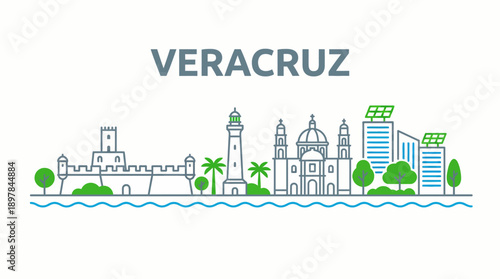 Veracruz city skyline with famous landmarks vector illustration