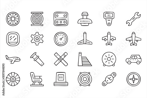 Aviation Mechanics And Airport Equipment Line Icon Set