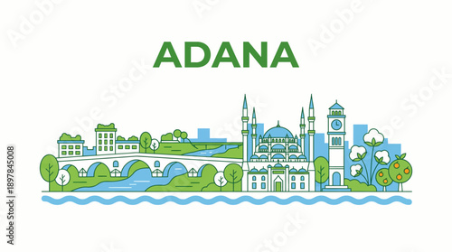 Adana city skyline landmarks and symbols vector illustration
