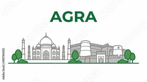 Agra city skyline landmarks with Taj Mahal vector illustration