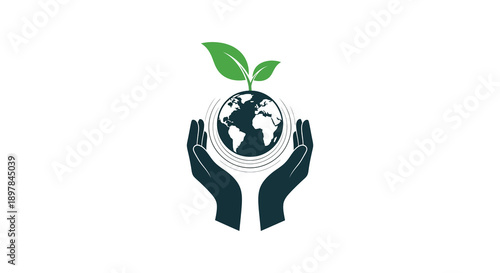 A symbolic illustration depicts cupped hands gently protecting a small green plant growing from the earth high quality