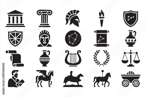 Ancient Greek And Roman Mythology Icons In Black And White