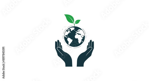 A symbolic depiction of hands cradling the earth with a budding leaf representing growth and environmental care