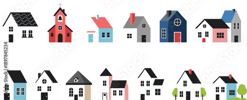 Set of minimalist flat design house icons and small church building isolated on grey background for real estate and neighborhood maps