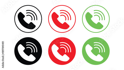 Phone Call Icons Set in Black Red and Green Colors Isolated on White Background