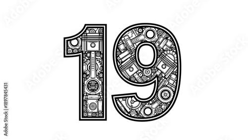 Number 19 with Mechanical Parts - Engine Components Gears Pistons.