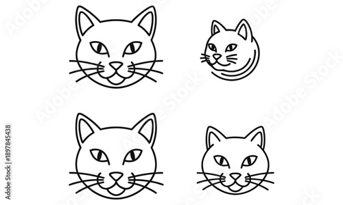 Minimalist Cat Head Line Art Vector Illustration Set Featuring Cute Domestic Kitten Faces in Black and White Outline Style for Pet Shop Branding Animal Shelter Logos and Modern Tattoo Design Elements