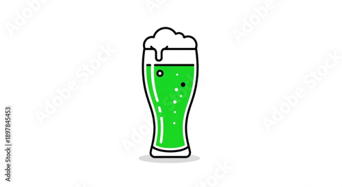 Green beer in a tall glass with foam St Patricks Day celebration drink flat vector illustration isolated on white