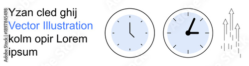Time management, productivity, growth, deadlines, business strategy, efficiency. Two analog clocks showing different times and upward arrows. Time management and productivity concept
