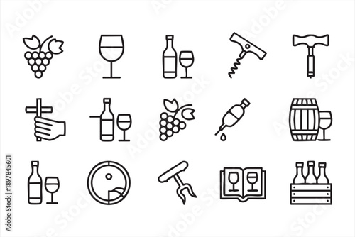 Wine Bottle Glass And Grape Icons For Restaurant Menu Design