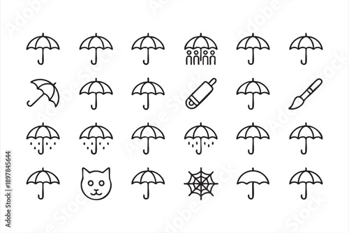 Umbrella And Rain Weather Icons In Minimal Black Line Style