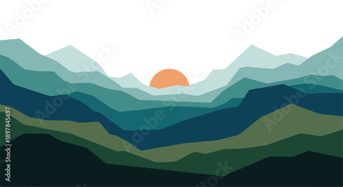 Abstract Minimalist Layered Mountain Landscape with Sunset or Sunrise Vector Illustration