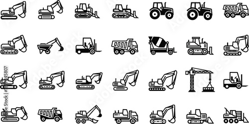 Large set of minimalist black line art icons featuring heavy construction machinery excavators dump trucks tractors and cranes on grey background
