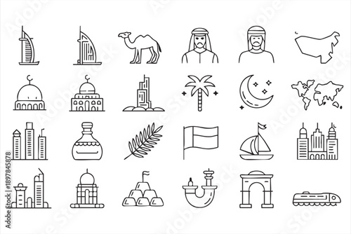 Arab Culture And Landmark Symbols In Minimal Outline Style