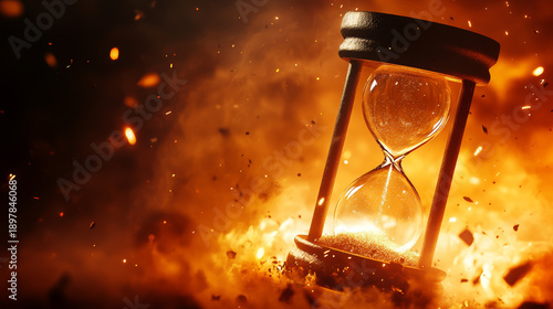 Burning hourglass time urgency chaos fiery apocalypse danger concept