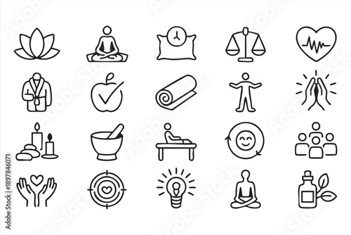 Yoga Meditation And Self Care Line Icon Set