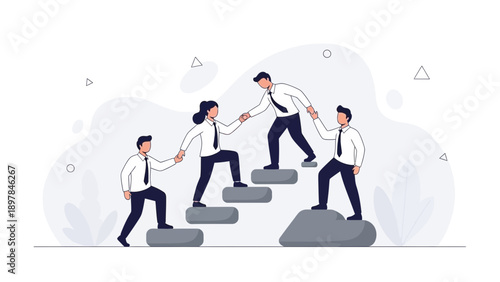 Teamwork helping business people climb stairs for success, leadership, cooperation