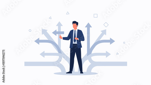 Businessman at crossroads choosing direction, decision making, strategy, career path