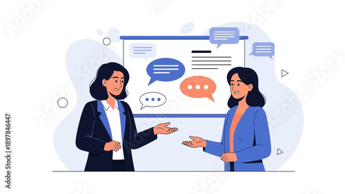 Two women discussing ideas, communication, business meeting, teamwork, presentation