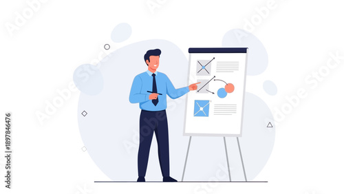 Businessman presenting strategy on whiteboard, planning and ideas
