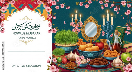 Nowruz Mubarak Haft-Seen table with traditional elements Persian New Year celebration spring festival greeting ca