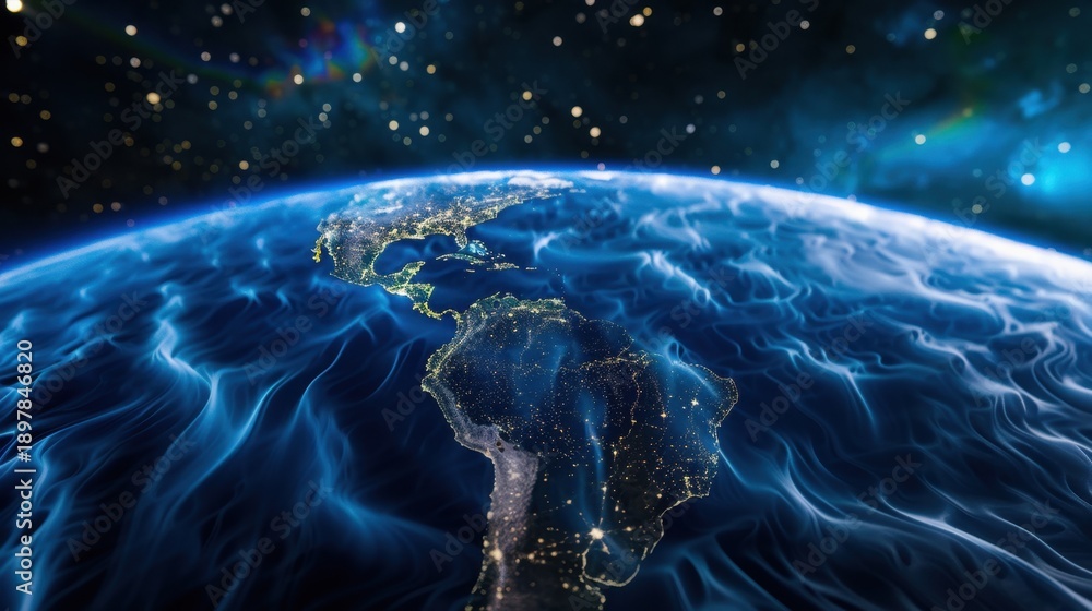 Obraz premium Stunning View of Earth from Space with Vibrant Atmosphere and Twinkling Stars in Cosmic Background
