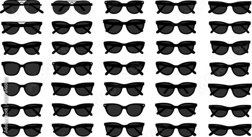 Stylish collection of various black sunglasses on a clean white background, vector illustration