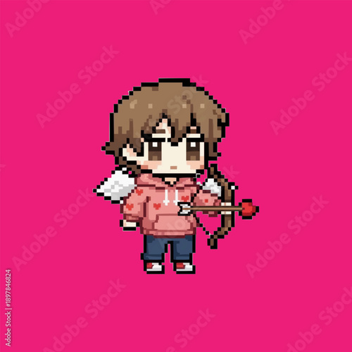 pixel art illustration of a small cupid boy wearing a heart patterned hoodie holding a wooden bow and love arrow.