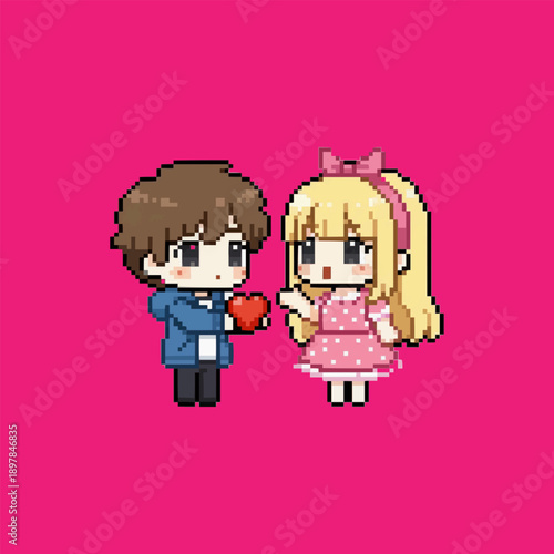 pixel art of a boy in a blue jacket giving a red heart to a blonde girl in a pink dress.