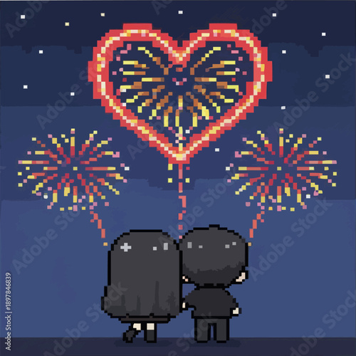 pixel art of a couple silhouette watching a large heart shaped firework explosion in the dark blue starry night sky.