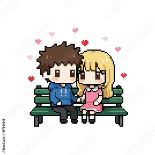 pixel art of a couple sitting on a green park bench holding hands under floating pink and red hearts.