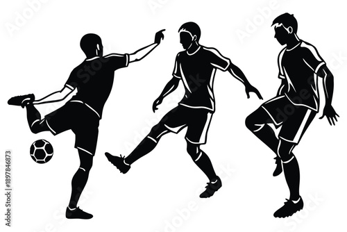 Three Silhouette Soccer Players Competing for Ball in Black and White
