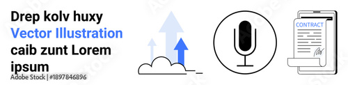Media production, voice recording, digital agreements, cloud technology, creative strategy, contracts. A microphone, cloud with arrows and contract document. Media production and voice recording