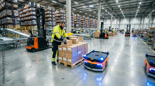 Humanoid robot collaboration in industrial factory automation 4.0 human worker guiding smart carrier