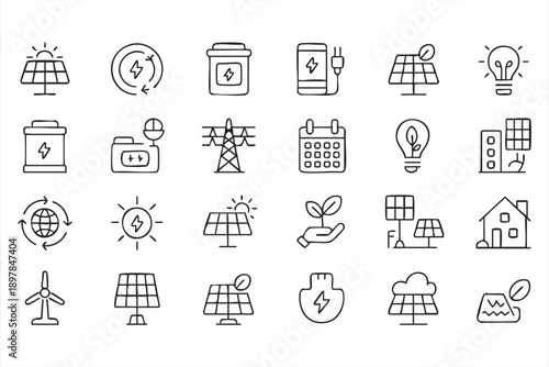Renewable Energy Line Icons For Solar And Clean Power Design