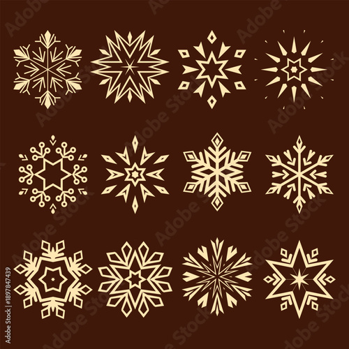 Snowflakes vector icon collection. Graphic modern golden and brown ornament
