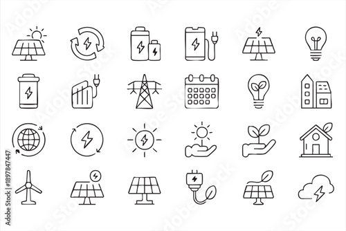 Solar Power And Green Energy Icons In Minimal Line Style