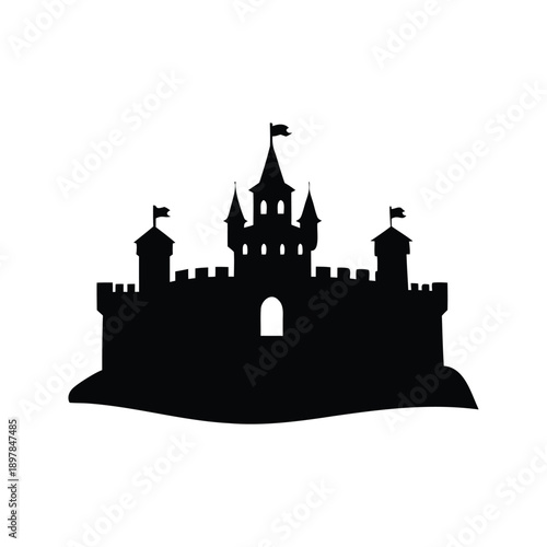 Majestic castle silhouette vector illustration with flags, A detailed black and white vector illustration of a majestic castle with flags on top