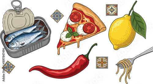 Mediterranean Food Illustration Set with Sardines Pizza Lemon Chili Pepper and Pasta, Hand Drawn Vector Collection