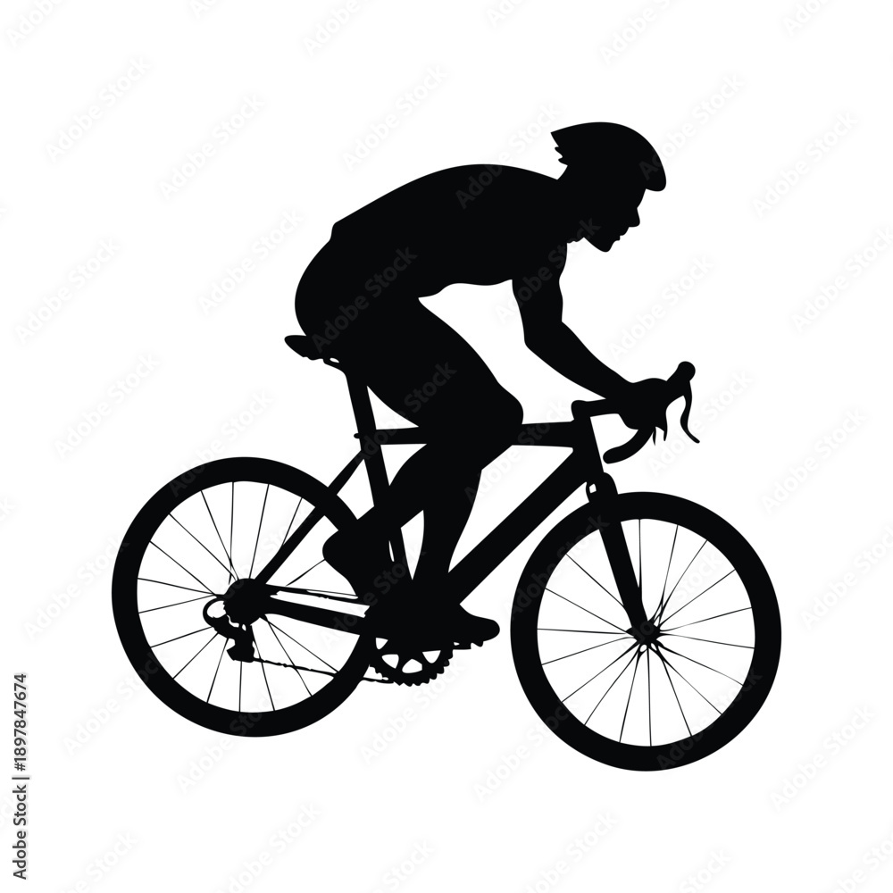 Naklejka premium Dynamic cyclist in motion silhouette vector illustration, A black and white silhouette of a cyclist riding a bike, captured in a dynamic pose