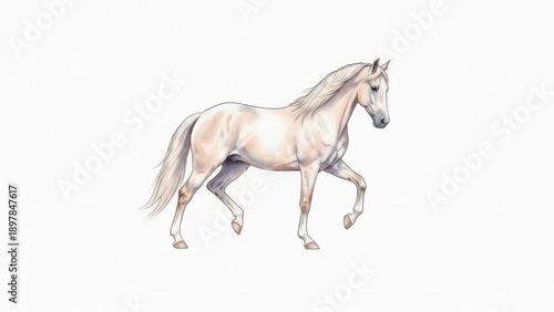 Running white horse, isolated on white background with copy space