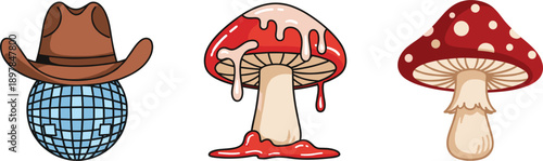 Western Disco and Mushroom Elements Set with Cowboy Hat Ball and Toadstools, Flat Vector Illustration