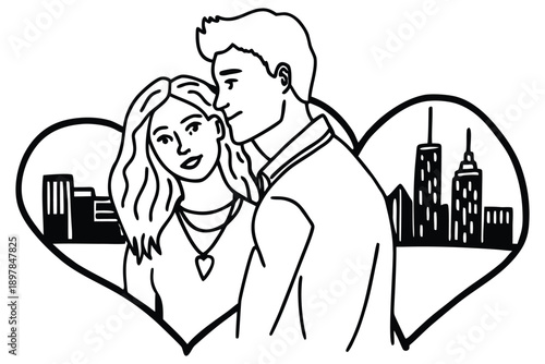 Woman Holding Two Thought Bubbles With City Skylines black and white contemplation