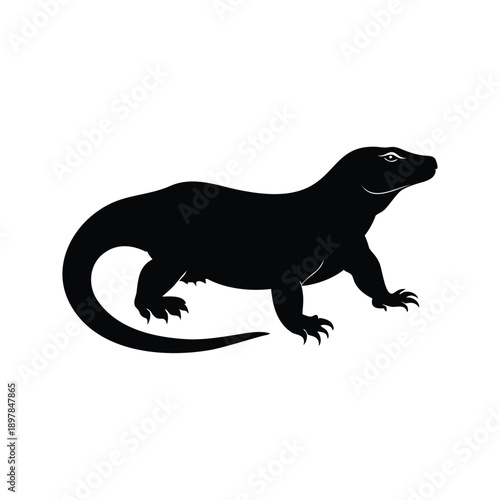Black and white silhouette of a monitor lizard vector illustration, A detailed black and white silhouette of a monitor lizard in a vector illustration style