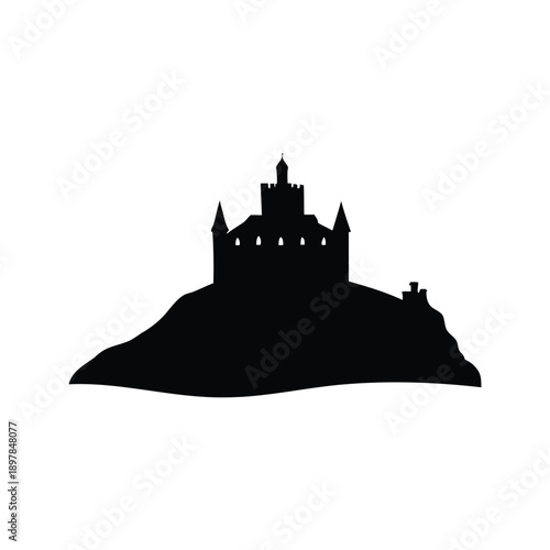 Majestic castle silhouette vector illustration on hilltop, A detailed black and white silhouette of a castle on a hilltop, depicted as a vector illustration