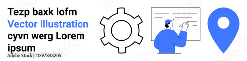Engineer writing on whiteboard, large gear, and map pin. Ideal for technology, planning, strategy, navigation, engineering, business education simple landing page
