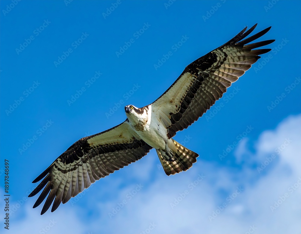 Fototapeta premium Bird of prey soaring in blue sky. Feathers and wings spread wide