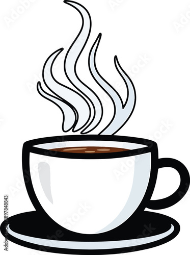 Steaming hot coffee cup on saucer cartoon illustration